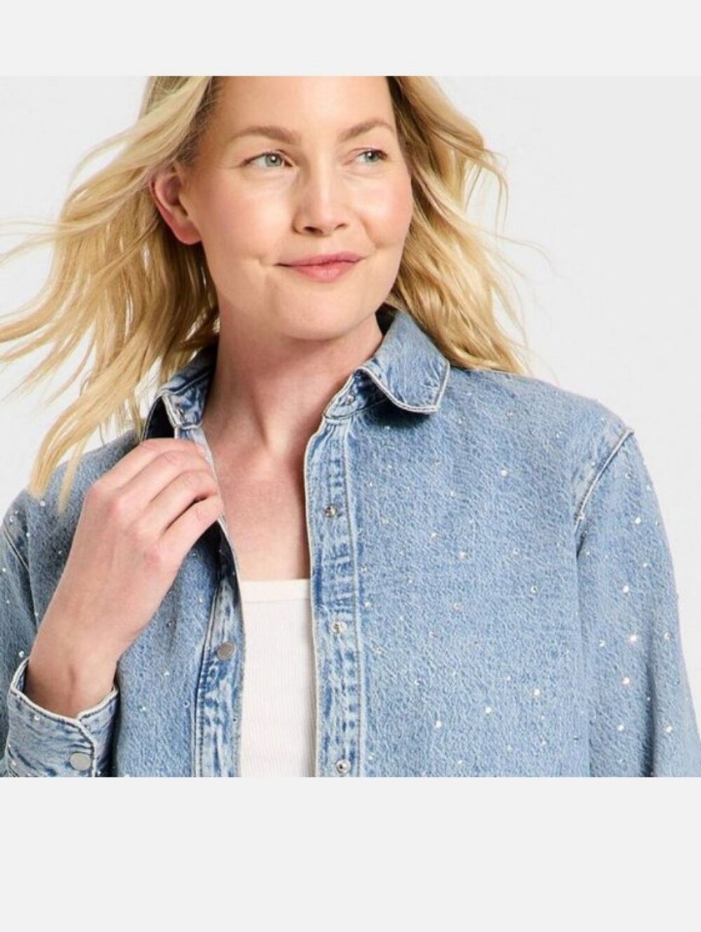 Universal Thread Light Wash Denim Shirt Jacket with Sparkle Ringstones S